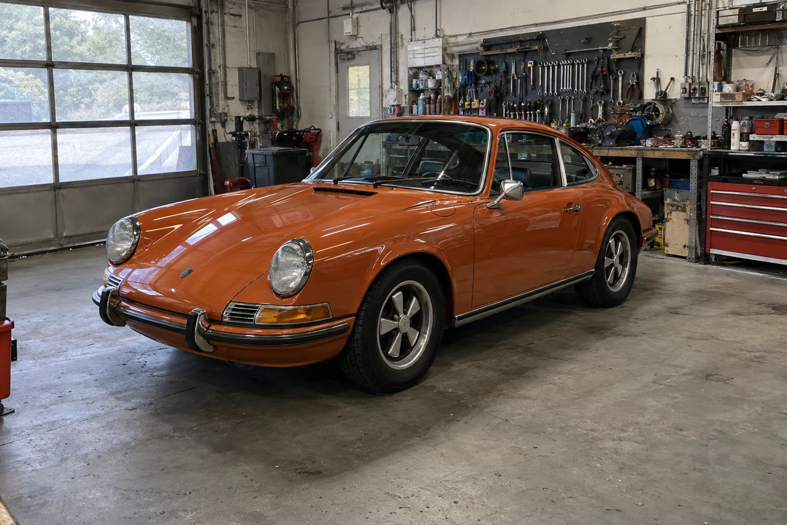 A restored burnt-orange classic coupe in a working restoration garage