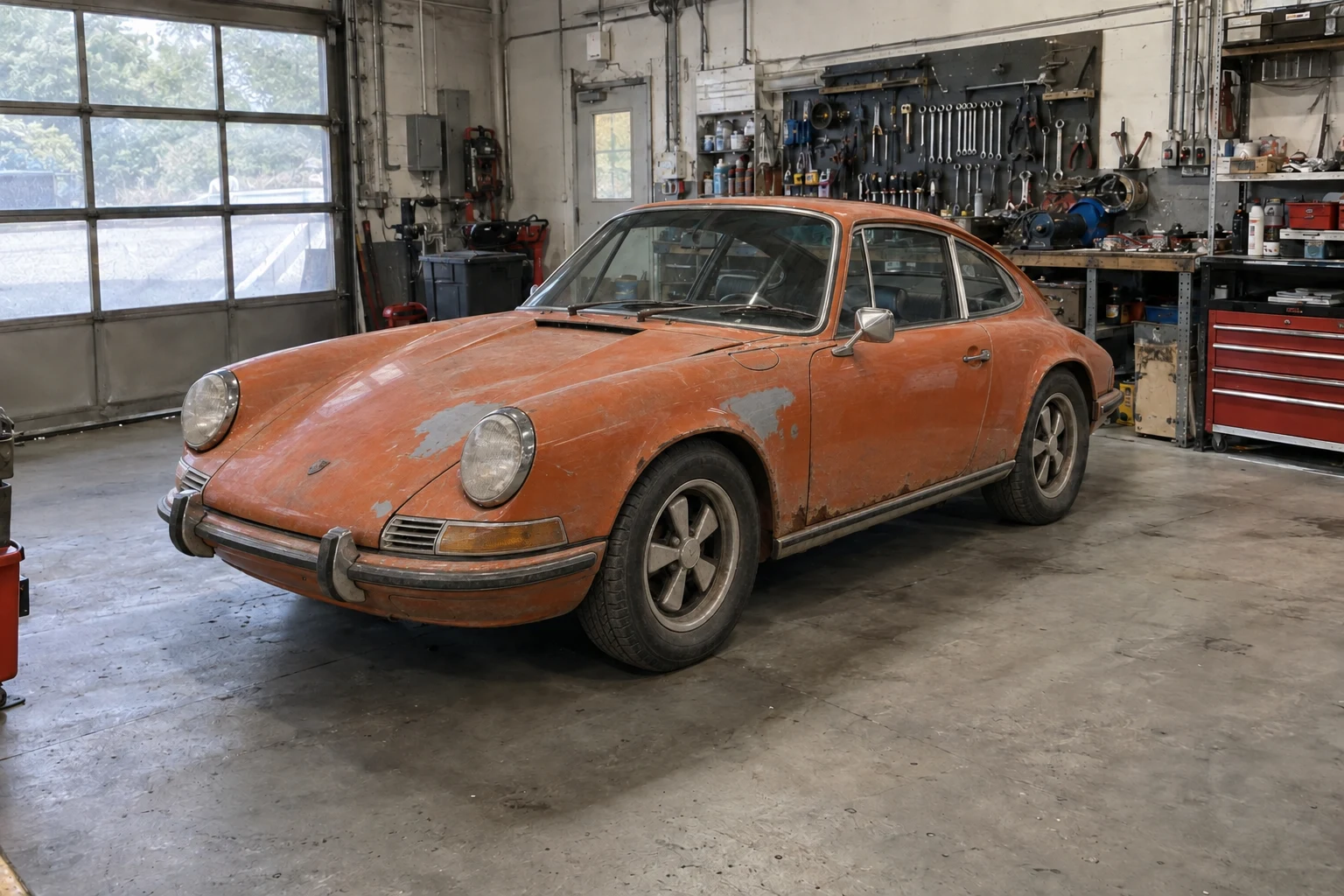 The identical coupe before restoration, with faded paint and worn trim